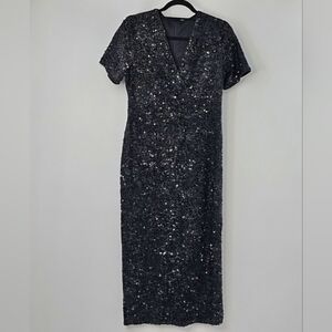 Elegant Black Shimmering Sequined Bodycon Midi Dress Side Slit Feminine Coquette